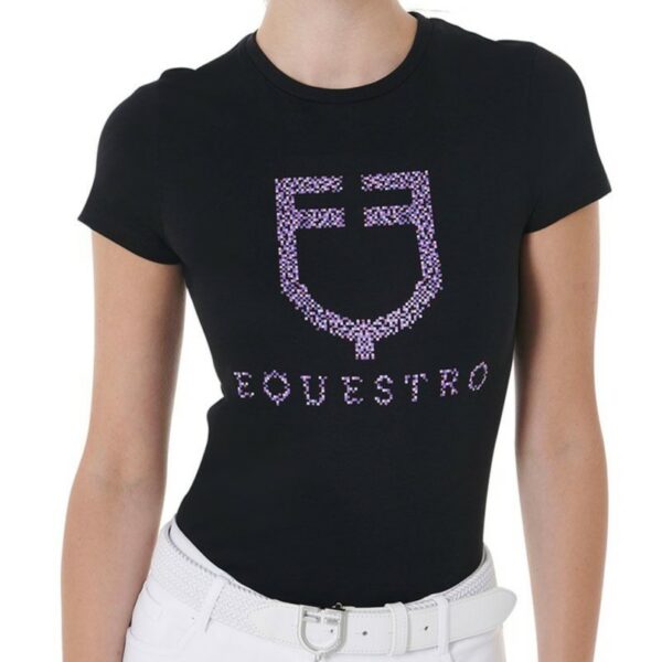 T-Shirt Donna Equestro Nero con Logo Diamond Fucsia