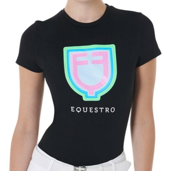 T-Shirt Equestro Donna con Logo a Rilievo Colorato Nero