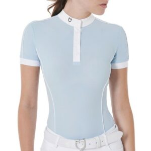 Polo a Body Equestro Donna da Concorso con Zip a Manica Corta Celeste